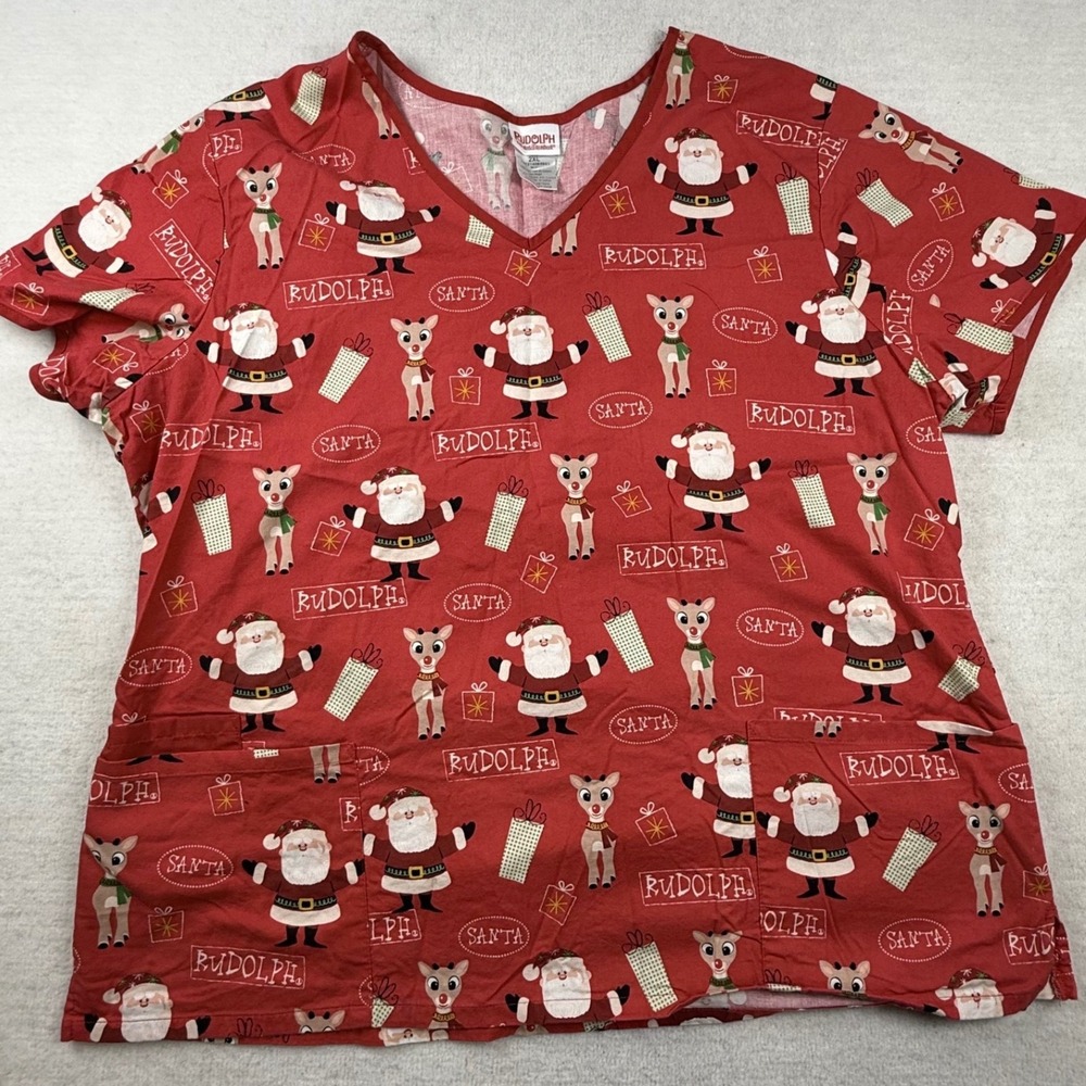 Rudolph The Red-Nosed Reindeer Santa Christmas Scrub Top Red 2XL V-Neck